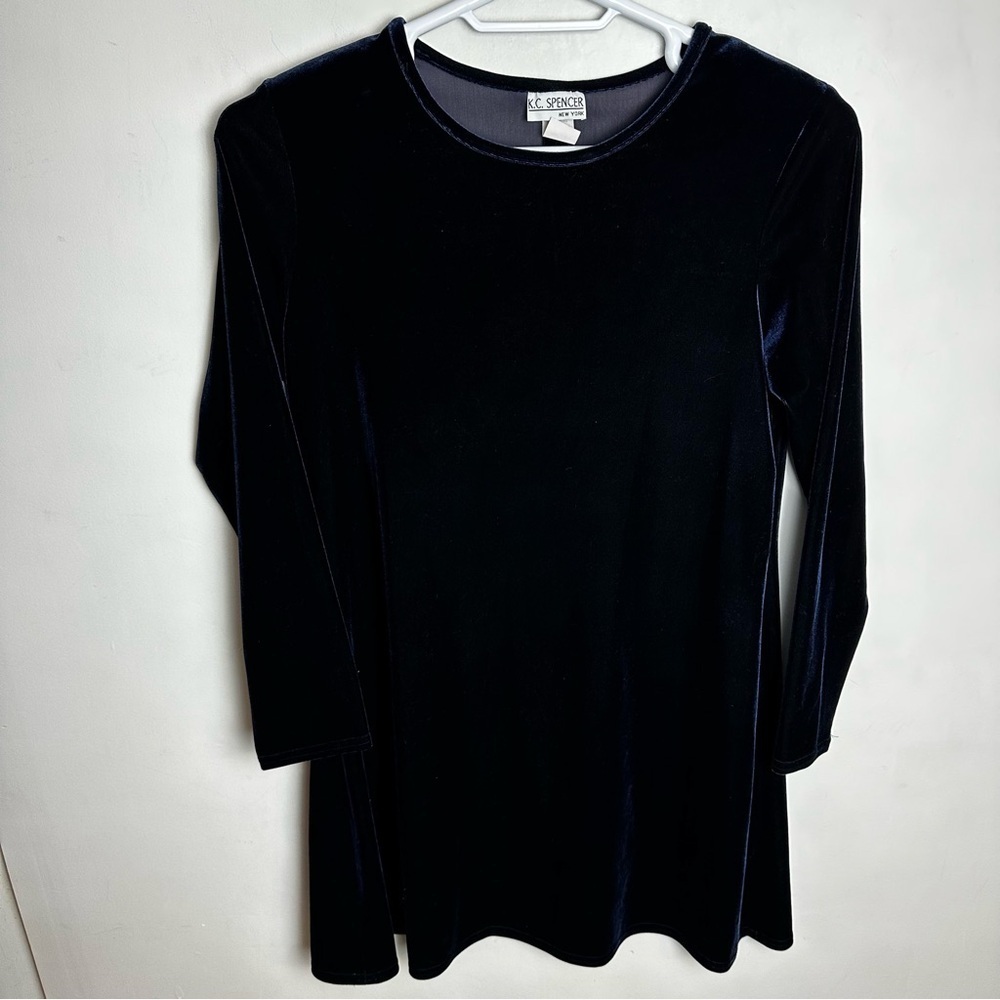Vintage 90s Velvet Mini Dress Women's Size 14 Velour Long Sleeved Blue Black